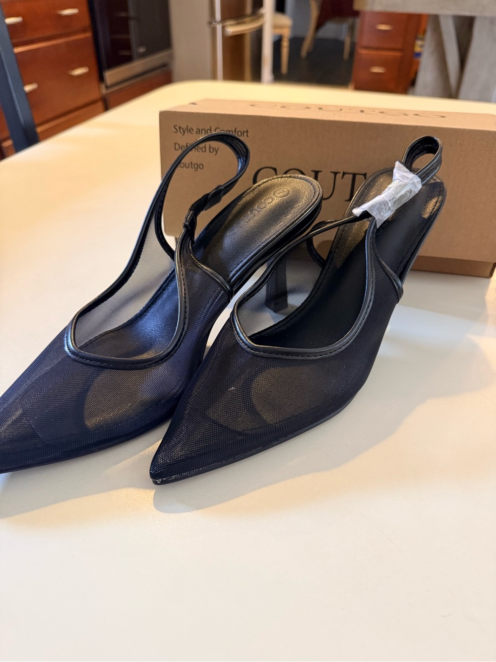 Pointed Black Mesh Slingback Heels with Low Stiletto